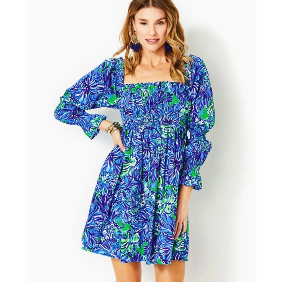 Lilly Pulitzer Beyonca Babydoll Dress Abaco Blue Turtle Awe Sz. L NWT